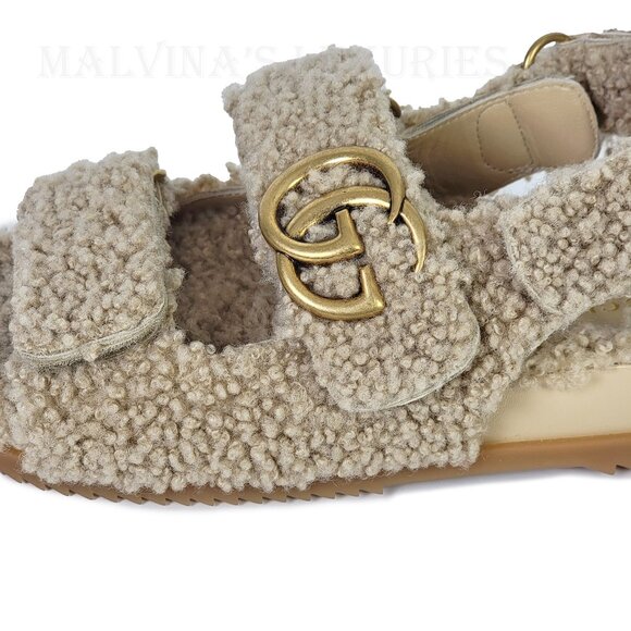 GUCCI SHOES DOUBLE G LOGO BEIGE MERINO WOOL SANDALS w STRAPS sz 38 8 US - Picture 5 of 15